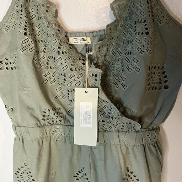 MISS ME Womens Green Romper Embroidered shorts sleeveless M scalloped feminine - Picture 3 of 10
